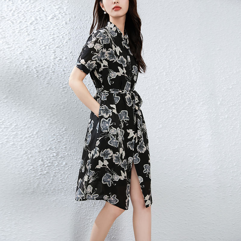 Silk Floral Shirt Dress with Mandarin Collar and Belted Waist
