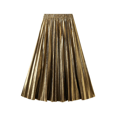 High-end Metallic Bright Silk Mid-length Skirt Spring and Autumn Pleated Skirt