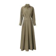 French-Style Olive Green Modal Midi Dress with Belted Waist Chest Pockets