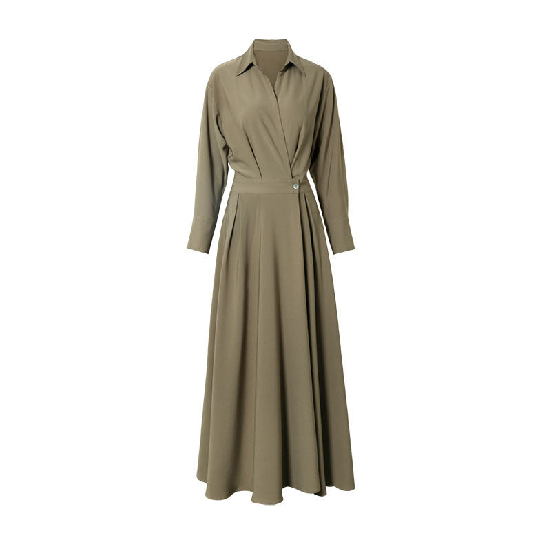 French-Style Olive Green Modal Midi Dress with Belted Waist Chest Pockets