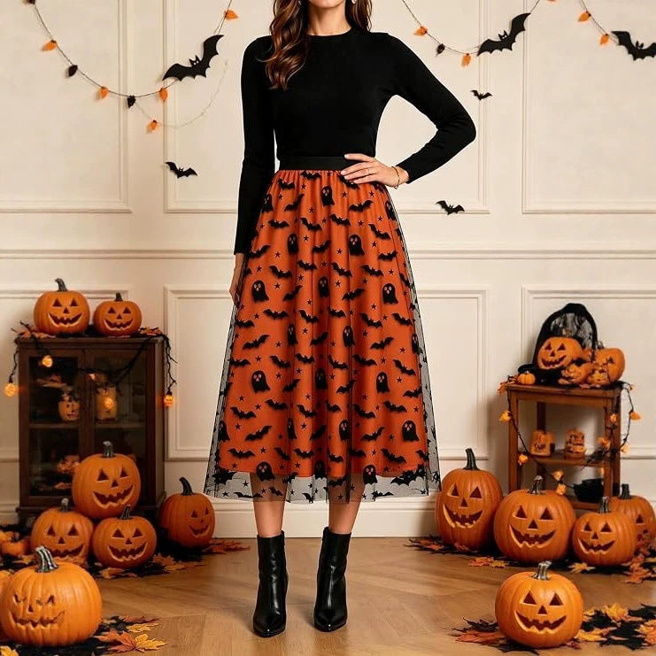 Women's Halloween Tulle Midi Skirt Flocked Print Witch Cost