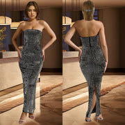 Strapless Checkered Maxi Dress High Slit Evening Gown Formal Long