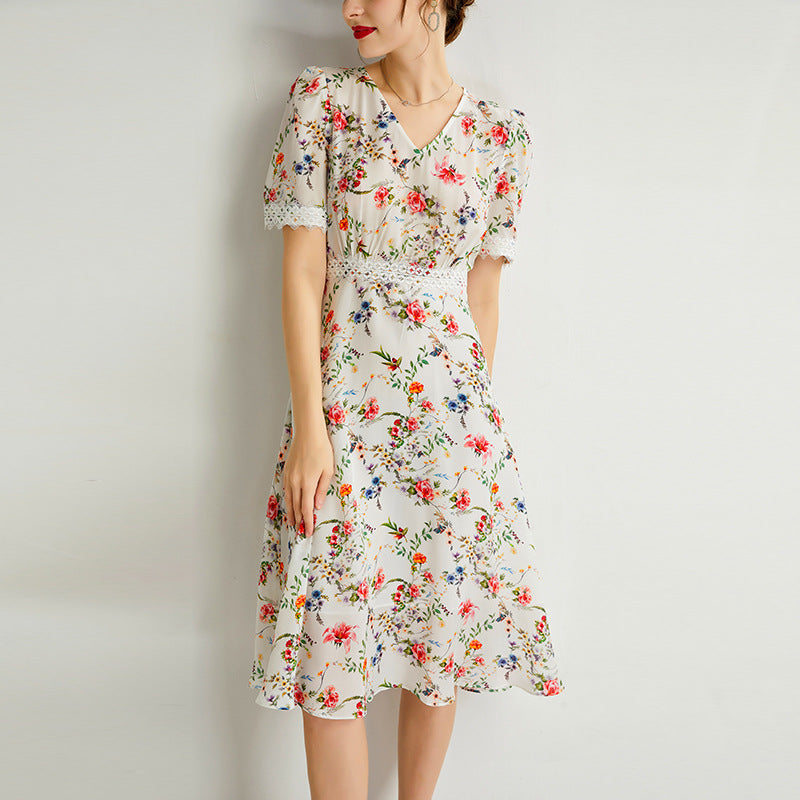 Women's Summer Mulberry Silk Dress V-neck Lace Waist Mid-length Dress