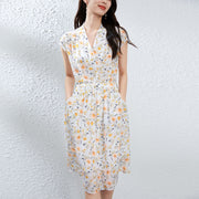 Silk Floral Midi Dress with V-Neck and Tie Waist