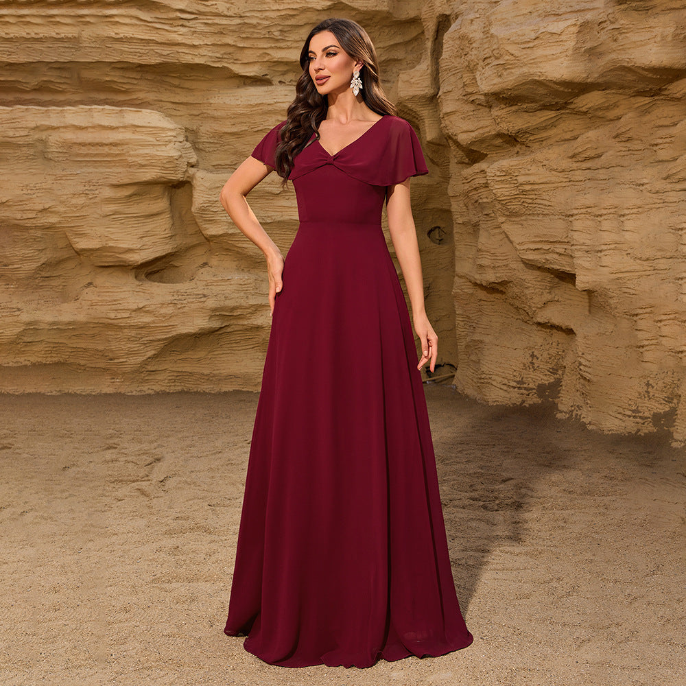 V-Neck Bowknot Shawl Back Zipper A-Line Evening Gown Dress