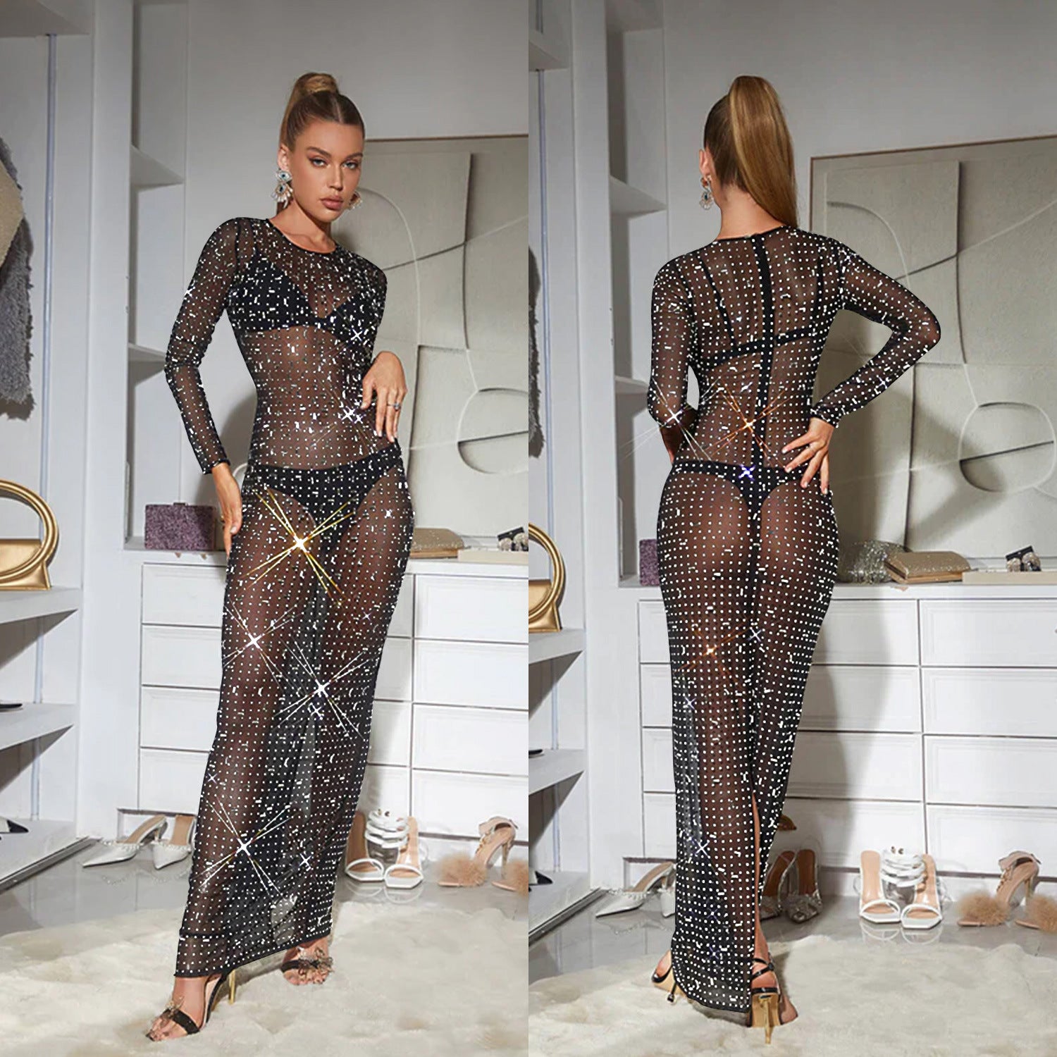 Sheer Crystal Mesh Bodycon Maxi Dress Long Sleeve Evening Formal Gown