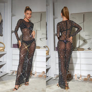 Sheer Crystal Mesh Bodycon Maxi Dress Long Sleeve Evening Formal Gown