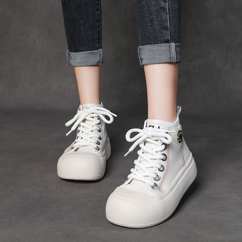 Leather Lace-up Casual Soft-soled Mid-cut Women's Boots