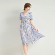 Silk Floral Midi Dress with Shirring and Puff Sleeves