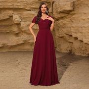 V-Neck Bowknot Shawl Back Zipper A-Line Evening Gown Dress