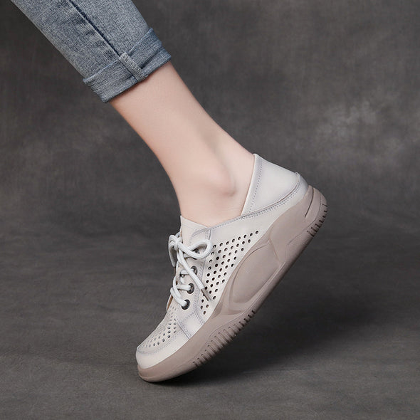 Women's Leather Hollow Lace Up Sports Wind Casual Shoes Breathable Comfortable Shoes