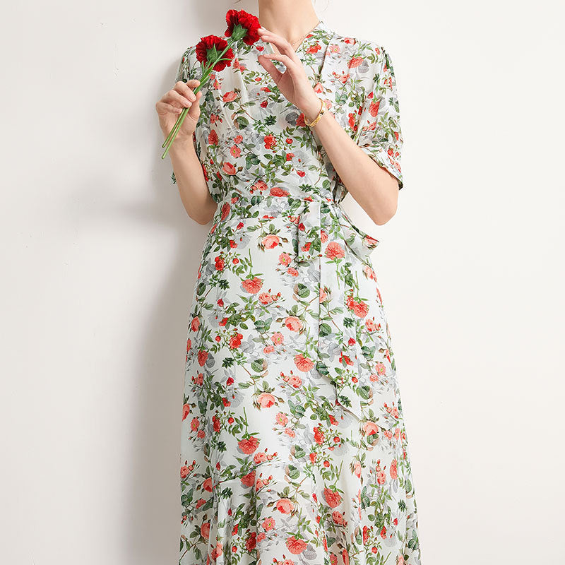 Women's Summer Silk Dress French Style Slim Printed Dress