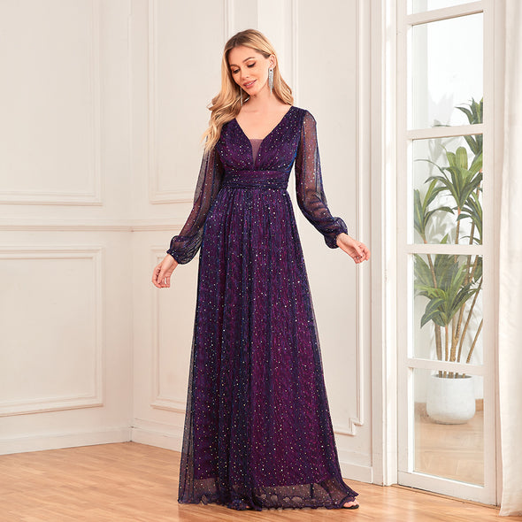 Shimmering V-Neck Ruched Gown Long Sleeve A-Line Maxi Dress with Full Lining