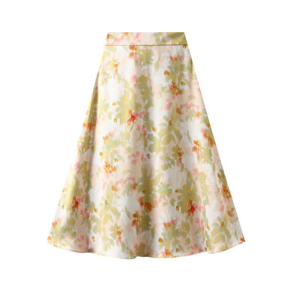 Satin Printed Elastic Waist Draped Skirt