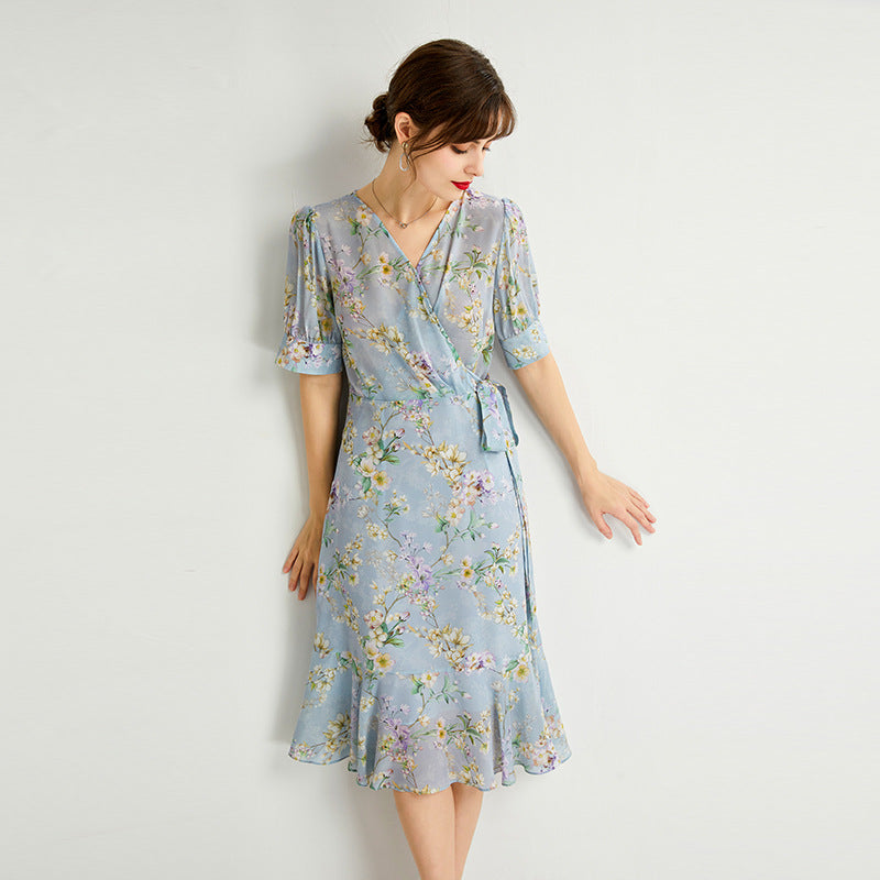 Silk French Slim Puff Sleeve Long Dress