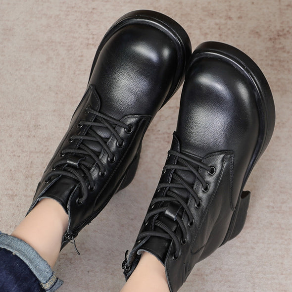 Genuine Leather Winter Warm Plus Fleece Short Boots Women's High Heel Non-slip Platform Shoes