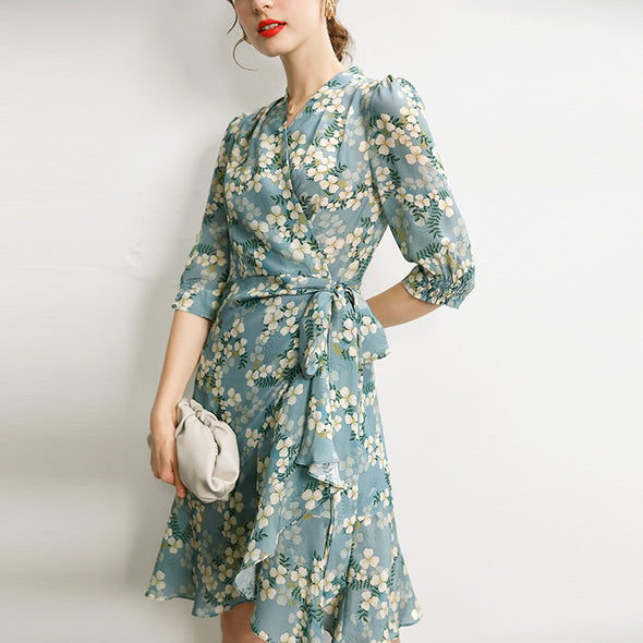 Women's Summer Mulberry Silk Dress Mid-length Printed Three Quarter Sleeve Dress