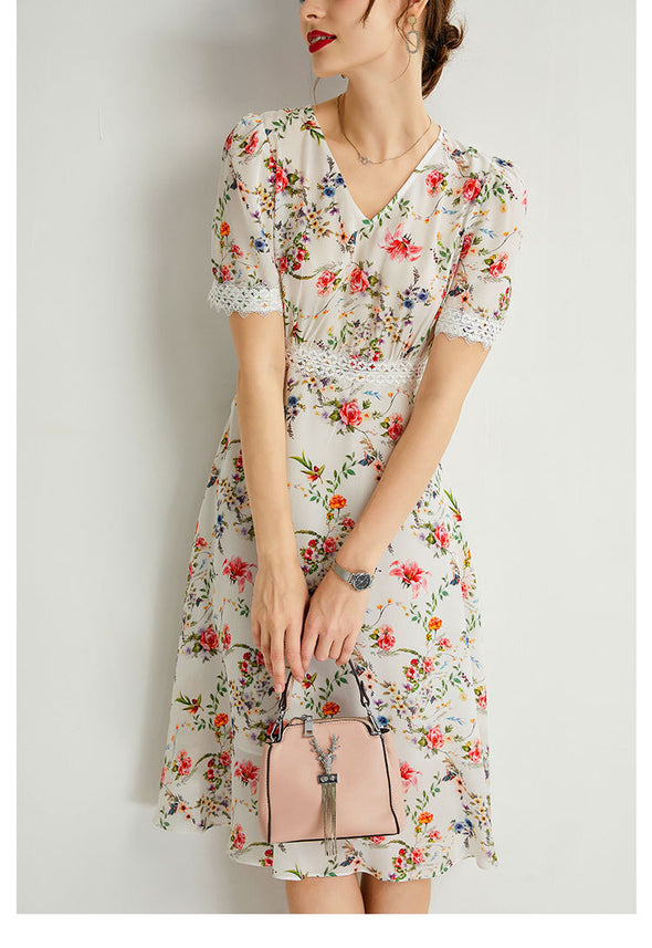 Women's Summer Mulberry Silk Dress V-neck Lace Waist Mid-length Dress
