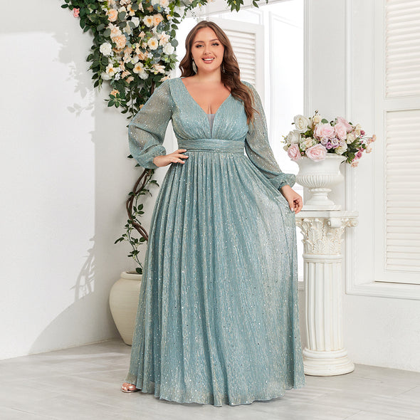 Shimmering V-Neck Ruched Gown Long Sleeve A-Line Maxi Dress with Full Lining