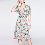 Summer V-neck Mulberry Silk French Style High Waist Mid-length Dress