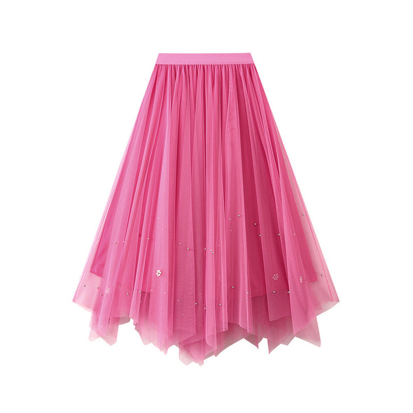 Women's Mesh Skirt High Waist Slimming Irregular Pleated Skirt
