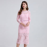 French Chic Beaded Eyelash Lace Womens Bodycon Midi Dress