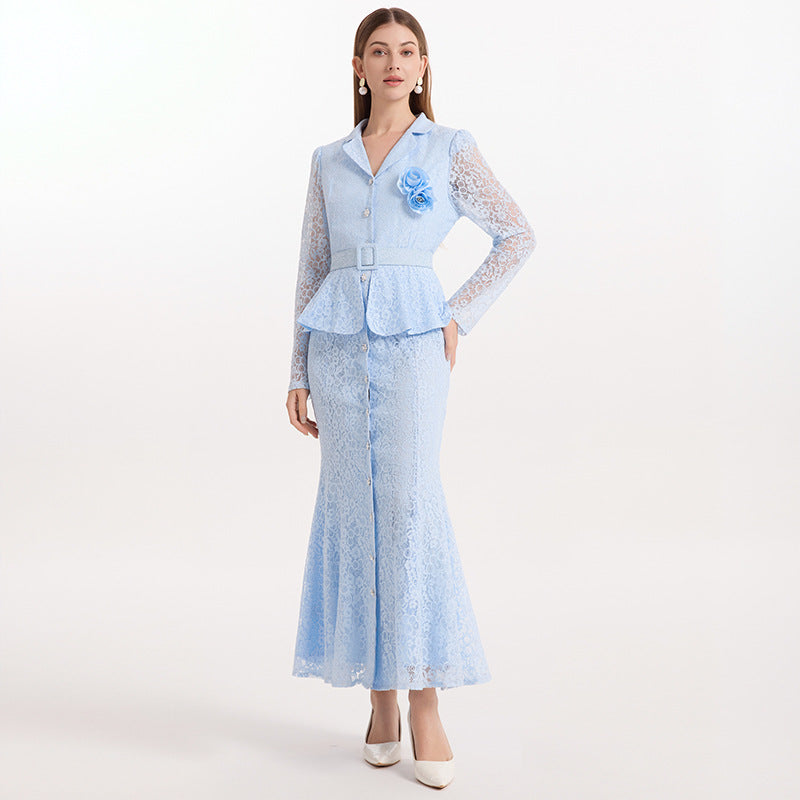 French Riviera Lace Womens Long Sleeve Peplum Mermaid Maxi Dress