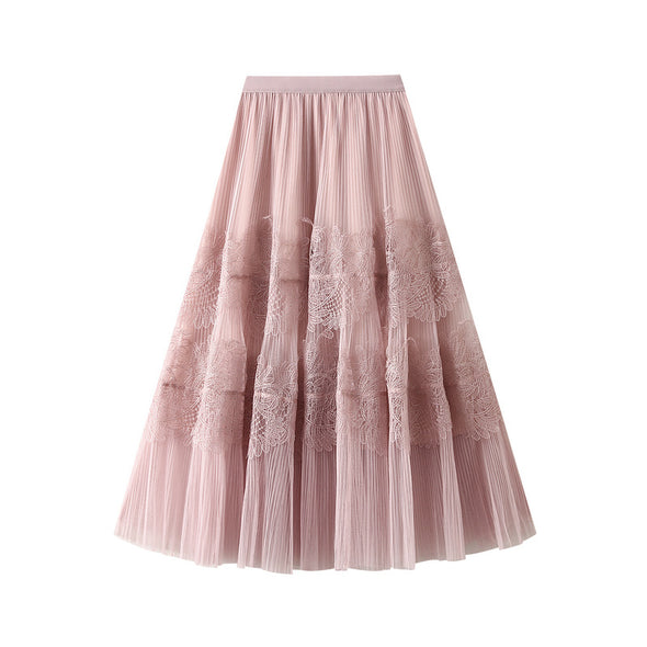 Spring and Autumn New French Sweet Lace Pleated Skirt Mesh Skirt for Women