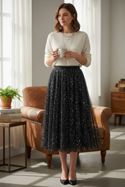 Women's Mid Length Sequin Star Mesh Gauze Skirt