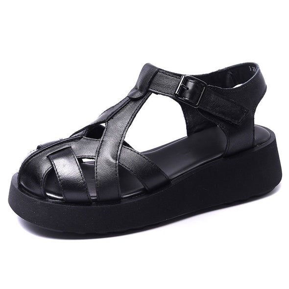 Women's Retro Leather Woven Sandals Platform Shoes