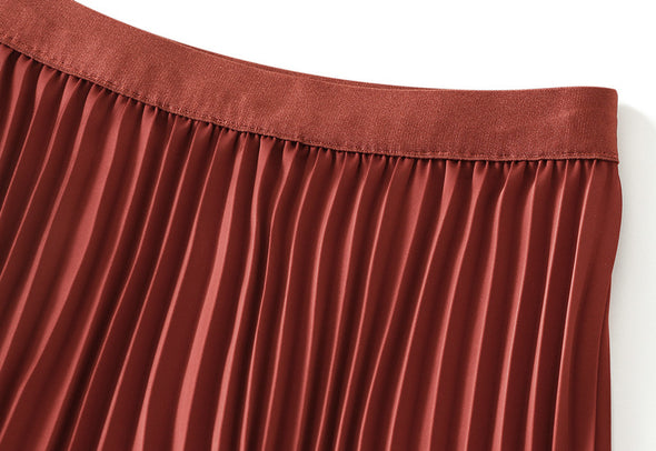 High Waist Pleated Satin Mid-length Skirt