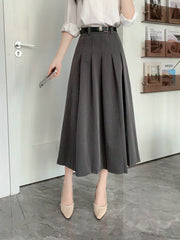 High-waisted Slimming Casual Pleated Skirt Mid-length Skirt with Belt