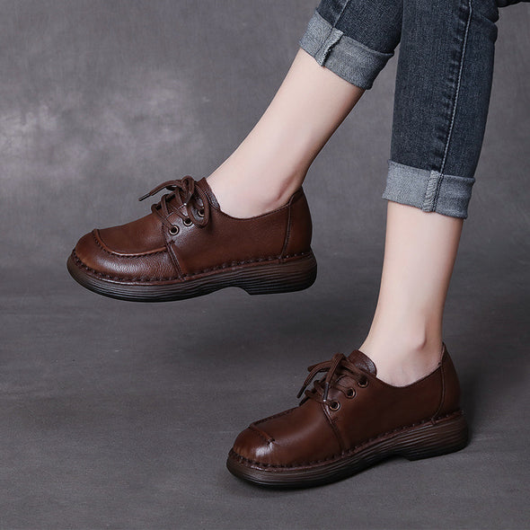 Handmade Genuine Leather Soft Sole Casual Shoes Comfortable Lace-up Retro Women's Shoes