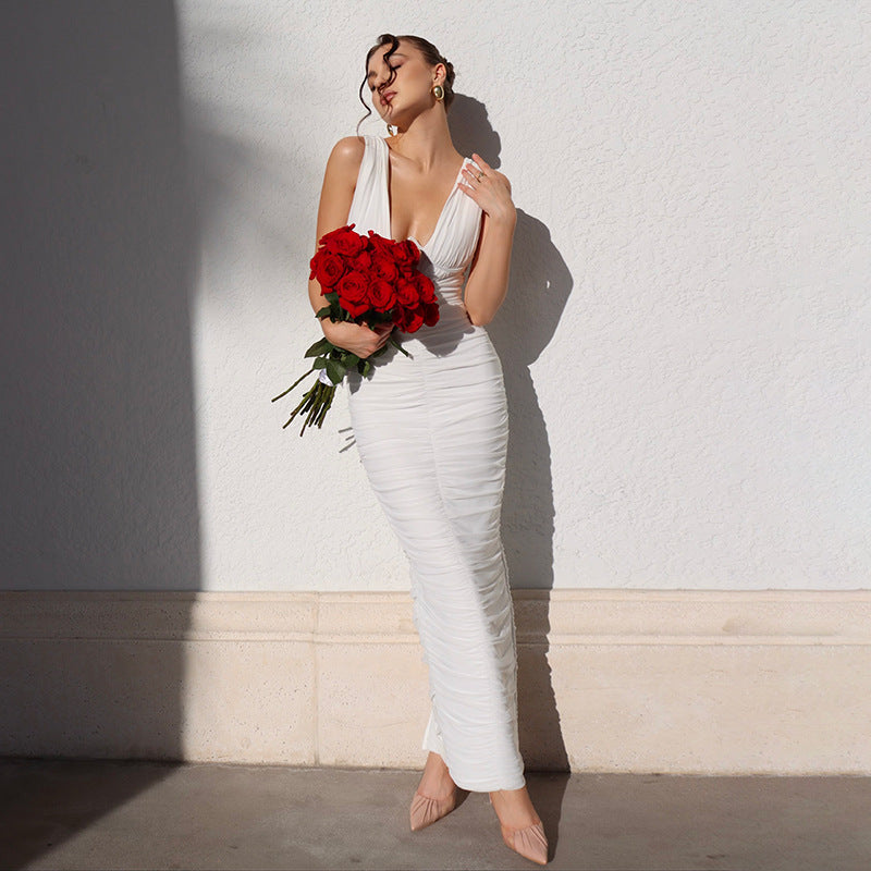 White Deep V Neck Sleeveless Bodycon Maxi Dress