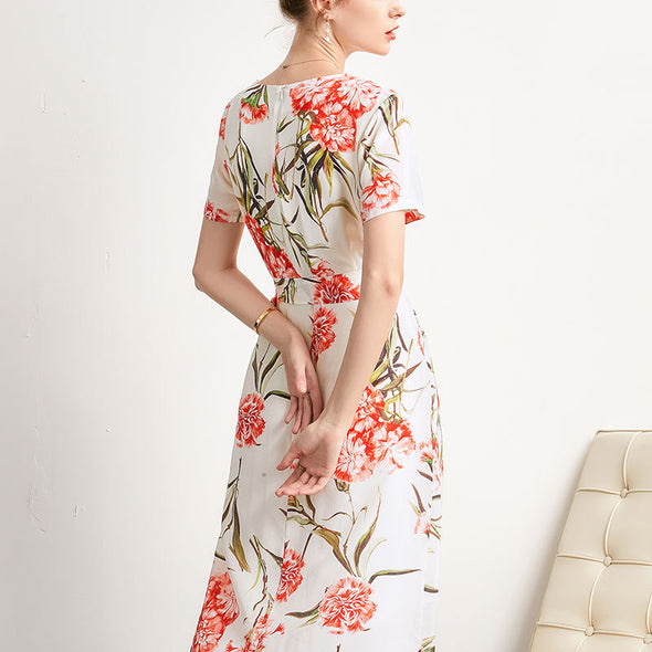 Summer Wide Silk Printed Dress Loose Belted Real Dress