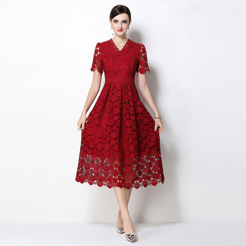Timeless Guipure Lace Scalloped Hem Womens V Neck Midi Dress