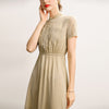 Silk Waist Lace Dress Stand Collar Short Sleeve Mid Length Dress