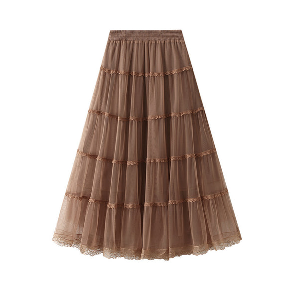 High-waisted Mid-length Multi-layered Mesh Patchwork Lace Skirt