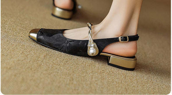 Leather Slingback Mary Jane Sandals for Women with Low Chunky Heel Shoes