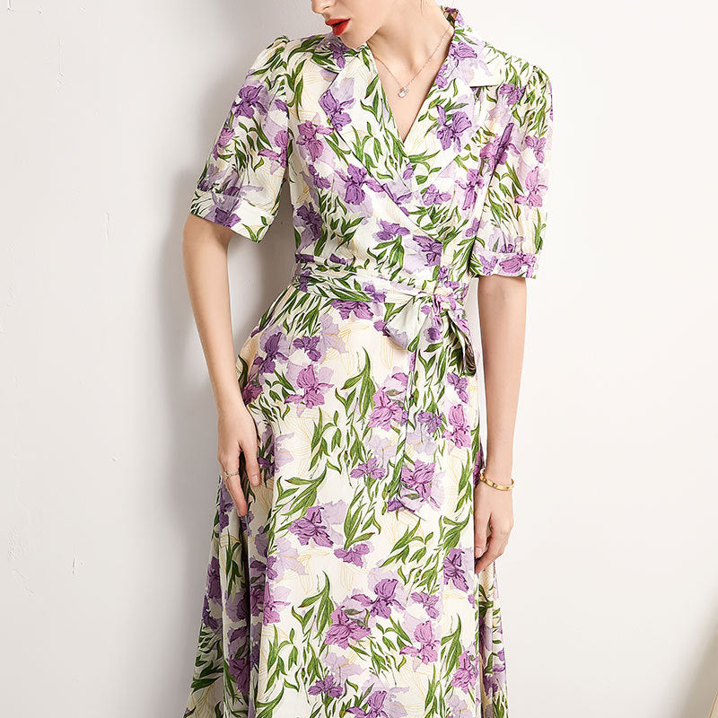 Mulberry Silk Mid-length French Dress Summer Waist Short-sleeved Printed Dress