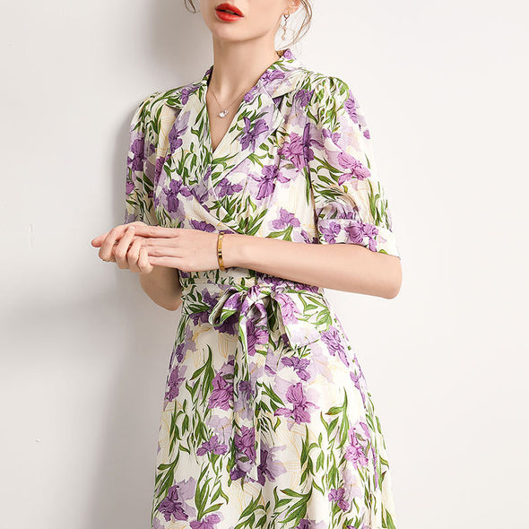 Mulberry Silk Mid-length French Dress Summer Waist Short-sleeved Printed Dress