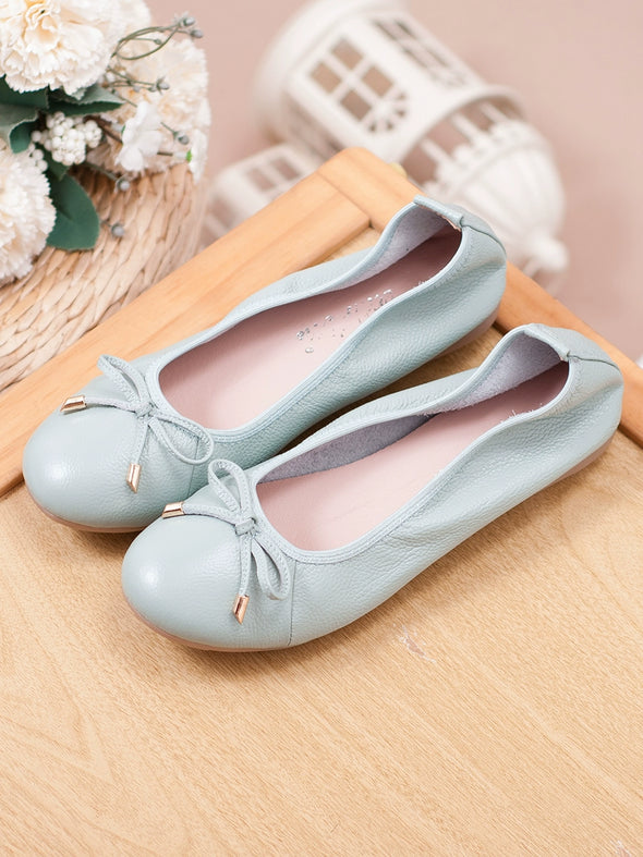 Women Genuine Leather Foldable Flats Soft Sole Non-Slip Loafers for Moms Plus Size