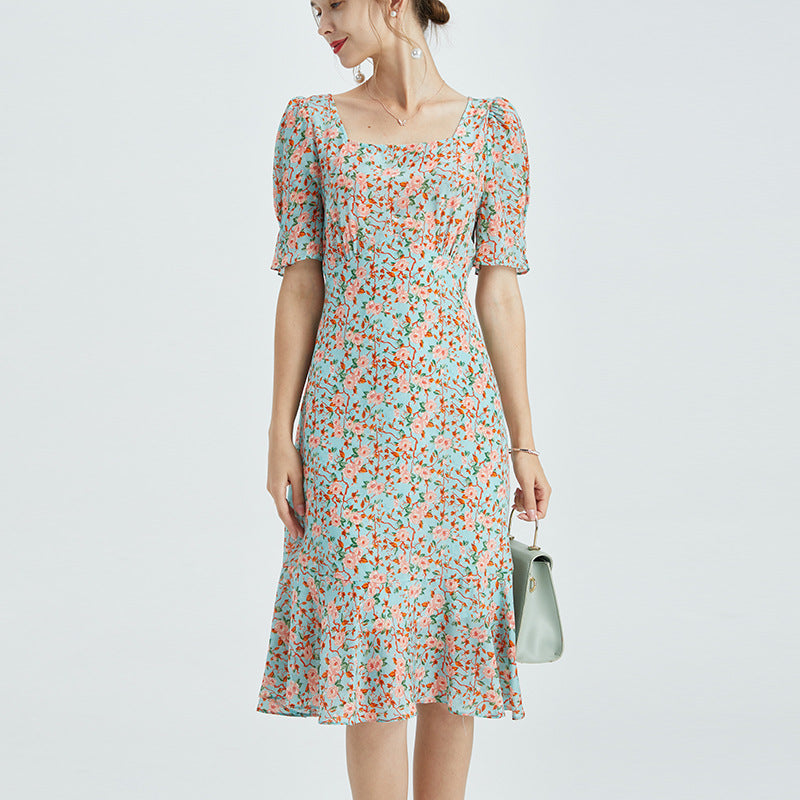 Summer Silk Dress French Square Neck Dress