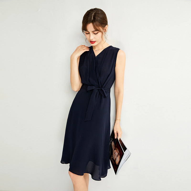 Summer French Silk V-neck Sleeveless Waist Dress