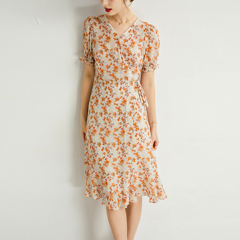 Summer Printed Silk Dress French Midi Dress