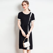 Women's Summer Silk Dress Waist Contrast Color Mid-length Dress