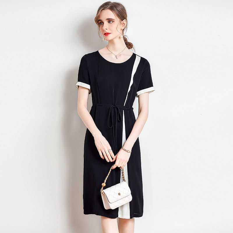 Women's Summer Silk Dress Waist Contrast Color Mid-length Dress