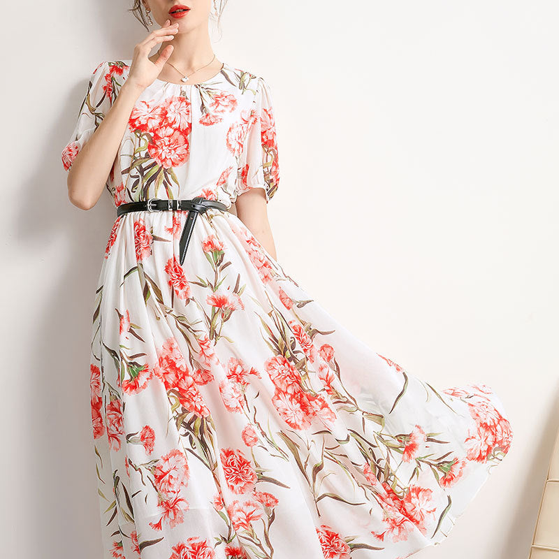 Summer Silk French Dress Round Neck Slimming Dress