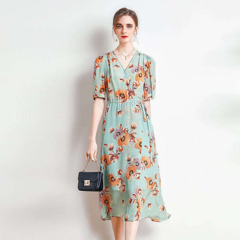 Silk V-Neck Midi Dress with Side Slit and Puff Sleeves