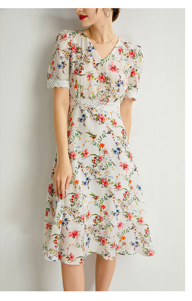 Women's Summer Mulberry Silk Dress V-neck Lace Waist Mid-length Dress